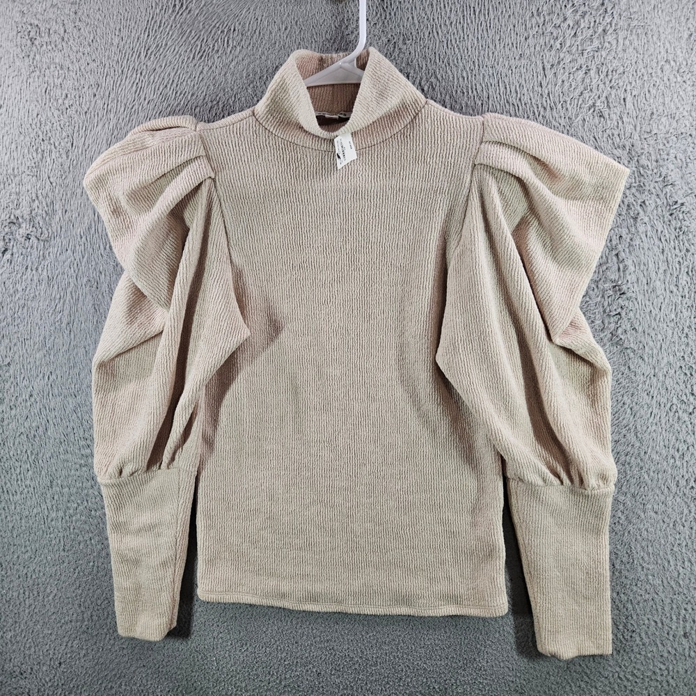 Express Womens Beige Ribbed Mock Neck Puff Sleeve Top XS NWT NEW